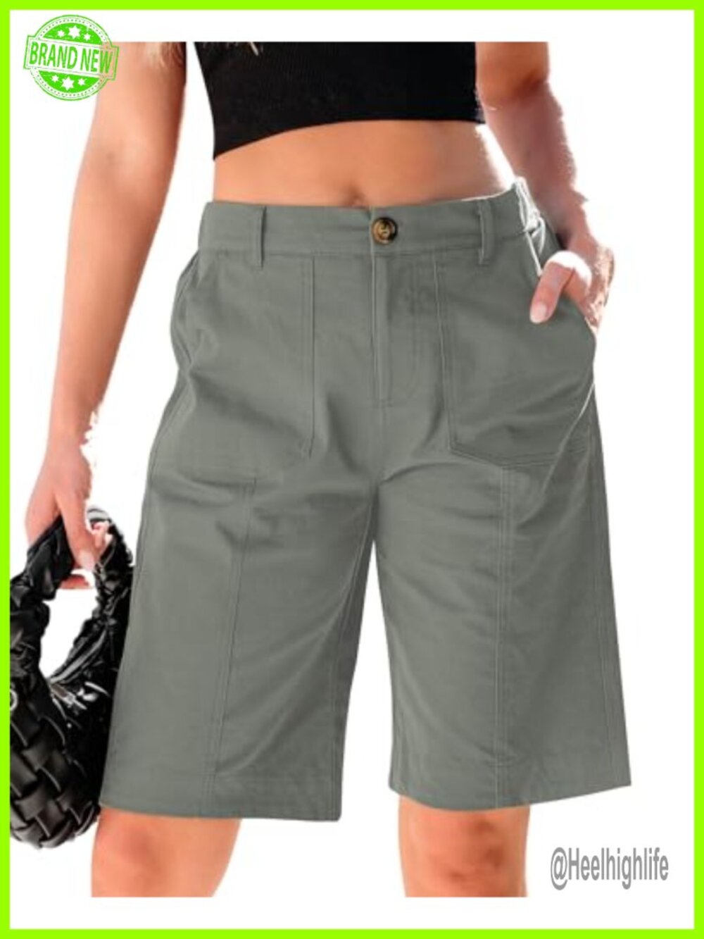 High Waisted Bermuda Shorts for Women Cotton Elastane Knee Length